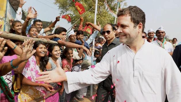 Congress vice president Rahul Gandhi greets supporters at a public meeting in Patan district of Gujarat on Monday. (PTI) Congress vice president Rahul Gandhi greets supporters at a public meeting in Patan district of Gujarat on Monday. (PTI)