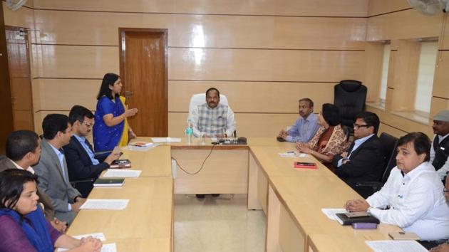 Personnel and administrative reforms department secretary Nidhi Khare explains about online leave management system (HT Photo) Personnel and administrative reforms department secretary Nidhi Khare explains about online leave management system (HT Photo)