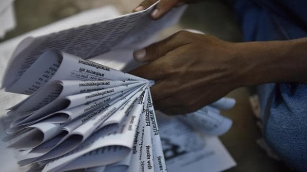 The two-page daily newspaper is folded at the press in Mysuru. Ambiguity as editorial strategy is, however, not getting Sudharma any institutional help. No substantial government subsidy has come its way. VD Hegde, a columnist for the paper says, “We are neither rightist nor leftist; we can’t afford to be either.” (Arijit Sen / HT Photo)