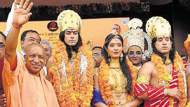 Uttar Pradesh CM Yogi Adityanath with artistes dressed up as Indian deities Ram, Sita and Lakshman at the Deepotsav celebrations in Ayodhya on October 18, 2017. (Deepak Gupta/ HT File Photo) Uttar Pradesh CM Yogi Adityanath with artistes dressed up as Indian deities Ram, Sita and Lakshman at the Deepotsav celebrations in Ayodhya on October 18, 2017. (Deepak Gupta/ HT File Photo)