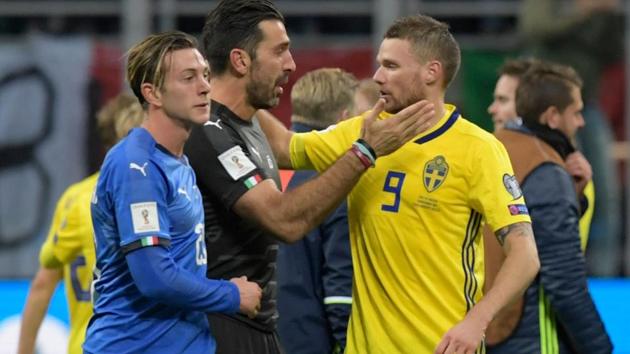 Italy's goalkeeper Gianluigi Buffon (C) officially announced his retirement after the defeat. (AFP) Italy's goalkeeper Gianluigi Buffon (C) officially announced his retirement after the defeat. (AFP)
