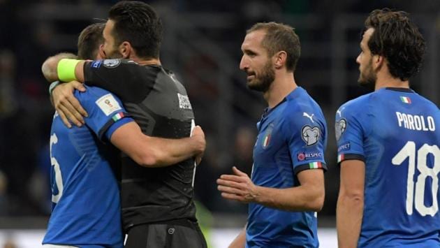 Italy's defender Andrea Barzagli (L), Gianluigi Buffon and Giorgio Chiellini react after their FIFA World Cup play-off loss. (AFP) Italy's defender Andrea Barzagli (L), Gianluigi Buffon and Giorgio Chiellini react after their FIFA World Cup play-off loss. (AFP)