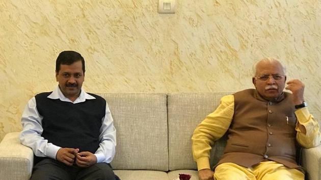 Delhi CM Arvind Kejriwal (left) with Haryana CM ML Khattar at his residence in Chandigarh on Wednesday. (HT Photo) Delhi CM Arvind Kejriwal (left) with Haryana CM ML Khattar at his residence in Chandigarh on Wednesday. (HT Photo)