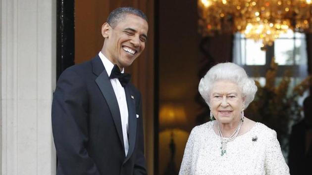 Former president Barack Obama and first lady Michelle Obama welcome Britain's Queen Elizabeth II and Prince Philip for a reciprocal dinner at Winfield House in London. Obama has gone the extra mile to deliver 90th birthday greetings to Queen Elizabeth II. (AP File Photo)