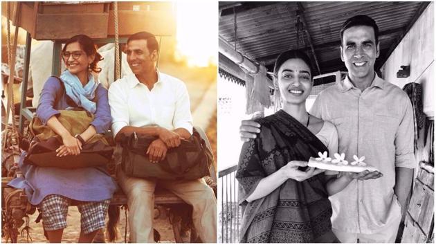 Sonam Kapoor and Radhika Apte with Akshay Kumar in Padman. Sonam Kapoor and Radhika Apte with Akshay Kumar in Padman.