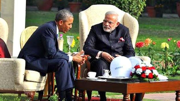 Prime Minister Narendra Modi and US President Barack Obama at the Hyderabad House in New Delhi. (PIB Photo)