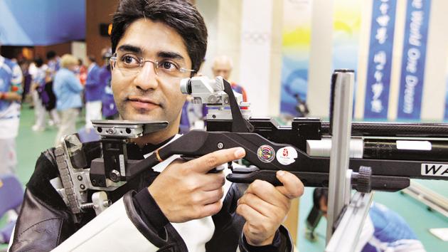 Abhinav Bindra poses for a photo after the men’s 10m air rifle final at Shooting Range Hall at the Beijing 2008 Olympics in Beijing.(AP)