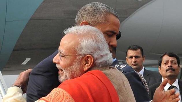 Barack Obama and Prime Minister Narendra Modi hug during the US President’s visit to India. (AFP File photo)