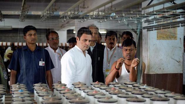 Congress vice-president Rahul Gandhi during his visit to a textiles factory in Surat. (PTI FILE) Congress vice-president Rahul Gandhi during his visit to a textiles factory in Surat. (PTI FILE)
