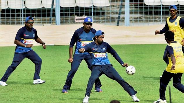 Sri Lankan cricketers play soccer during a training session at the Eden Gardens. (PTI) Sri Lankan cricketers play soccer during a training session at the Eden Gardens. (PTI)