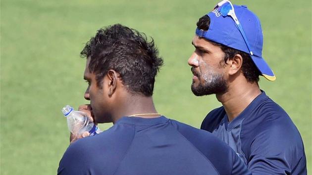 Sri Lanka cricketers Angelo Mathews and Dinesh Chandimal during a training session ahead of their first Test against India. (PTI) Sri Lanka cricketers Angelo Mathews and Dinesh Chandimal during a training session ahead of their first Test against India. (PTI)