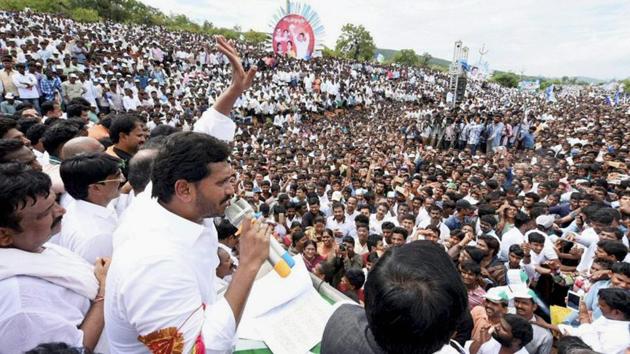 YSR Congress chief YS Jaganmohan Reddy addresses a public meeting in Cuddapa district on Monday. (PTI) YSR Congress chief YS Jaganmohan Reddy addresses a public meeting in Cuddapa district on Monday. (PTI)
