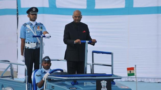 President Ram Nath Kovind at the Air Force base in Adampur on Thursday. (Pardeep Pandit/HT Photo) President Ram Nath Kovind at the Air Force base in Adampur on Thursday. (Pardeep Pandit/HT Photo)