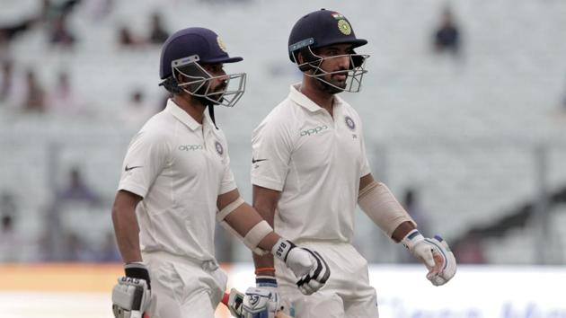 Cheteshwar Pujara was unbeaten on eight while Ajinkya Rahane is yet to open his account. (AP) Cheteshwar Pujara was unbeaten on eight while Ajinkya Rahane is yet to open his account. (AP)