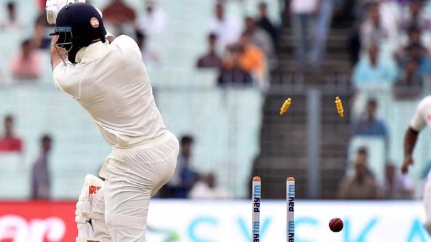 Shikhar Dhawan hit Lahiru Gamage for a boundary but threw away his wicket playing a rash drive, dragging a Lakmal delivery on to his stumps. (PTI) Shikhar Dhawan hit Lahiru Gamage for a boundary but threw away his wicket playing a rash drive, dragging a Lakmal delivery on to his stumps. (PTI)