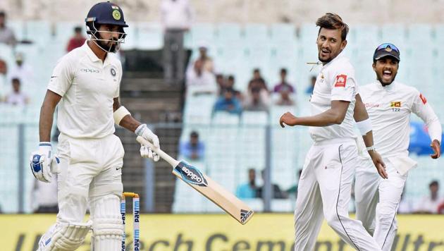Sri Lankan bowler Suranga Lakmal celebrates after dismissing K L Rahul on the first day of the first Test match at Eden Gardens in Kolkata. Lakmal’s spell was praised by both Sanjay Bangar and SL bowling coach Rumesh Ratnayake. (PTI) Sri Lankan bowler Suranga Lakmal celebrates after dismissing K L Rahul on the first day of the first Test match at Eden Gardens in Kolkata. Lakmal’s spell was praised by both Sanjay Bangar and SL bowling coach Rumesh Ratnayake. (PTI)