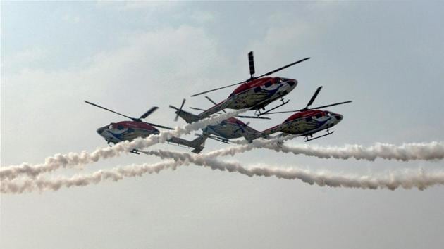 Sarang helicopters during an aerobatic display at the Adampur air force station near Jalandhar on November 16. (PTI) 