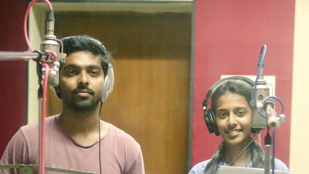 GV Prakash recording for a song to be featured in Naachiyaar, composed by Ilaiyaraaja. GV Prakash recording for a song to be featured in Naachiyaar, composed by Ilaiyaraaja.