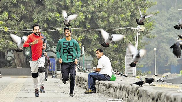 Even though smog has crippled air and rail traffic across north India, here in Chandigarh it has not been able to dampen the spirits of joggers and morning walkers at Sukhna Lake. (Karun Sharma/HT)