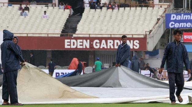 India were reeling at 74/5 before rain washed out the second day’s play at Kolkata. (BCCI )
