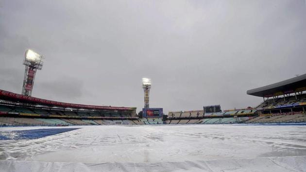 Rain didn’t stop, which meant no play was possible after lunch -- forcing the umpires to call off day’s proceedings prematurely again. (PTI) Rain didn’t stop, which meant no play was possible after lunch -- forcing the umpires to call off day’s proceedings prematurely again. (PTI)