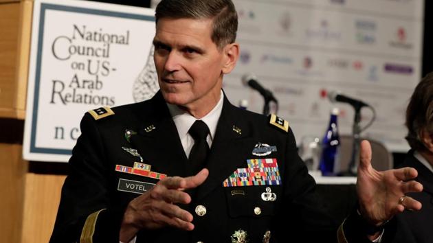 General Joseph Votel, commander of U.S. Central Command, gestures at the National Council on at 26th Annual Arab-U.S. Policymakers Conference in Washington, U.S., October 18, 2017. (REUTERS) General Joseph Votel, commander of U.S. Central Command, gestures at the National Council on at 26th Annual Arab-U.S. Policymakers Conference in Washington, U.S., October 18, 2017. (REUTERS)