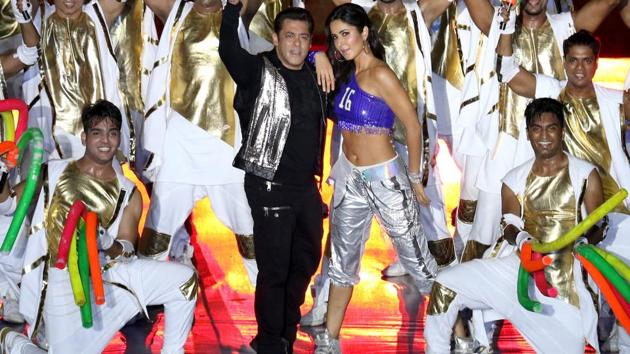 Salman Khan and Katrina Kaif perform during the opening ceremony of the Indian Super League in Kochi on Friday. (ISL / SPORTZPICS)