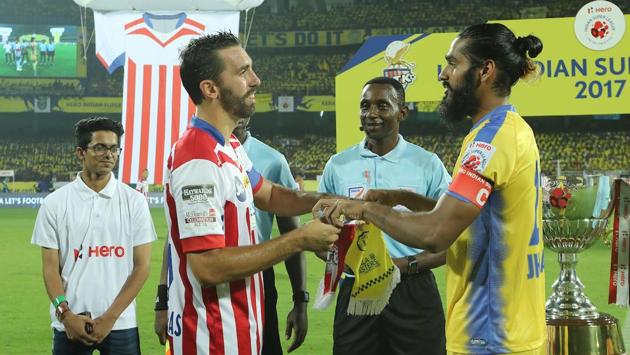 Sandesh Jhingan of Kerala Blasters FC and Jordi Figueras Montel of Atletico de Kolkata FC before the Indian Super League between Kerala Blasters FC and Atletico de Kolkata FC held at the Jawaharlal Nehru Stadium in Kochi.  (ISL / SPORTZPICS) 