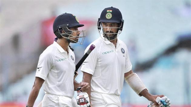 Pujara, batting on 47, and wicketkeeper-batsman Wriddhiman Saha, on six, were at the crease when rain halted play before lunch. (PTI) Pujara, batting on 47, and wicketkeeper-batsman Wriddhiman Saha, on six, were at the crease when rain halted play before lunch. (PTI)