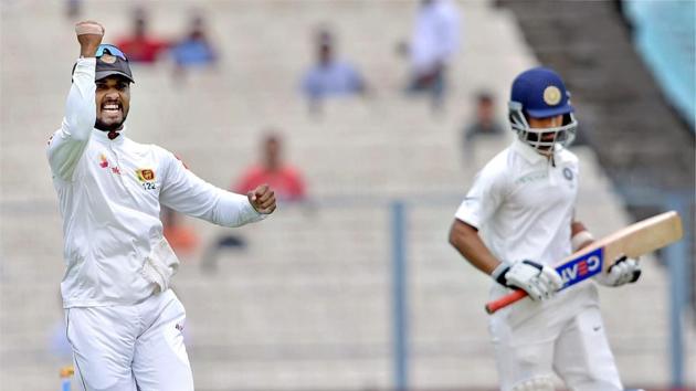 Cheteshwar Pujara’s overnight partner Ajinkya Rahane (in pic) fell to Dasun Shanaka, caught behind for four after a tentative 21-ball stay at the crease. (PTI) Cheteshwar Pujara’s overnight partner Ajinkya Rahane (in pic) fell to Dasun Shanaka, caught behind for four after a tentative 21-ball stay at the crease. (PTI)