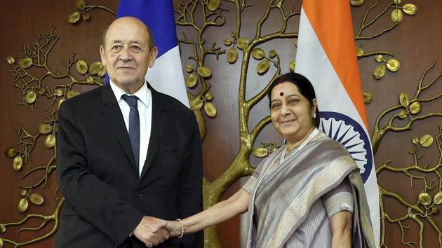 External affairs minister Sushma Swaraj meets minister for Europe and foreign affairs of France Jean-Yves Le Drian in New Delhi on Friday. (PTI Photo) External affairs minister Sushma Swaraj meets minister for Europe and foreign affairs of France Jean-Yves Le Drian in New Delhi on Friday. (PTI Photo)