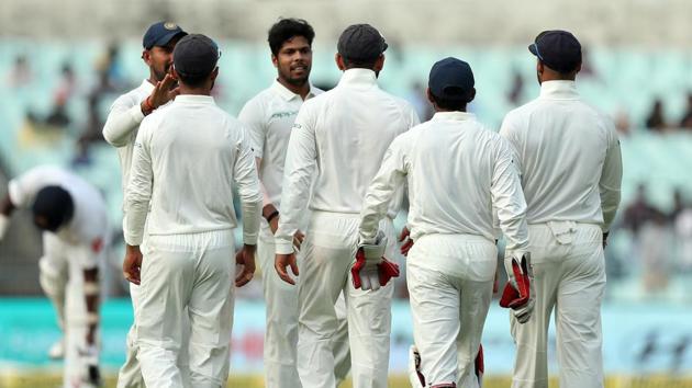 Umesh Yadav and Bhuvneshwar Kumar picked up two wickets apiece but Sri Lanka were boosted by fifties from Lahiru Thirimanne and Angelo Mathews. Catch highlights of India vs Sri Lanka, day 3 first Test from Kolkata here.(BCCI)