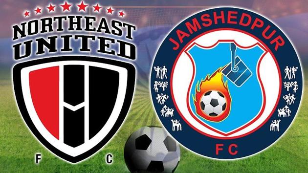 NorthEast United FC held ISL debutants Jamshedpur FC to a 0-0 draw at the Indira Gandhi Athletic Stadium in Guwahati. Catch highlights of ISL 2017-18, NorthEast United FC vs Jamshedpur FC here.(HT Photo)