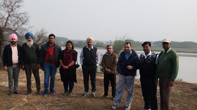 Dr BC Choudhury (extreme right) with teams of WWF-India and Wildlife department on the Beas bank at Gagdewal, on November 17. (Photo: BALJEET SINGH) Dr BC Choudhury (extreme right) with teams of WWF-India and Wildlife department on the Beas bank at Gagdewal, on November 17. (Photo: BALJEET SINGH)