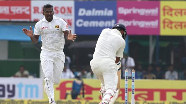 Lahiru Gamage cleaned up Cheteshwar Pujara for 52 as Sri Lanka struck a big blow on day 3. (BCCI)