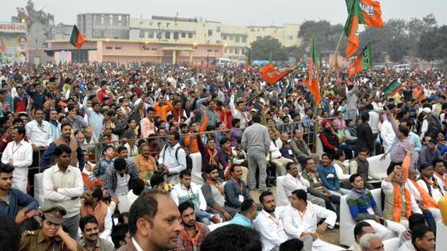 All the BJP candidates were seated in a separate enclosure during Yogi Adityanath’s election rally in Ghaziabad on Saturday. (Sakib Ali/HT Photo) All the BJP candidates were seated in a separate enclosure during Yogi Adityanath’s election rally in Ghaziabad on Saturday. (Sakib Ali/HT Photo)