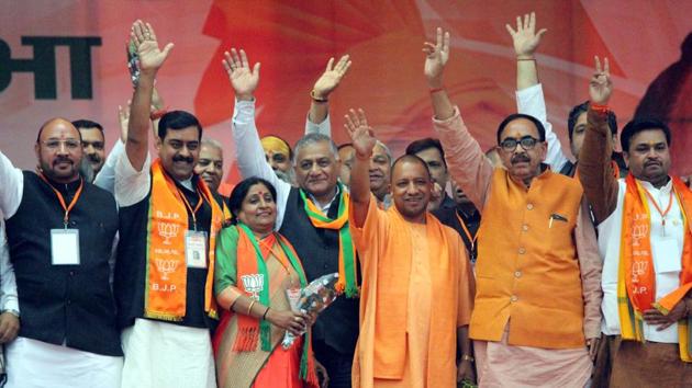 UP chief minister Yogi Adityanath and other BJP leaders at an election rally in Ghaziabad on Saturday ahead of the local body polls to be held on November 26(Sakib Ali/HT Photo)
