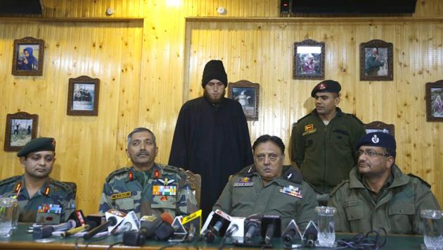 Lashkar-e-Taiba (LeT) militant Majid Khan (C), is presented by Army at a joint press conference with Police in Awantipora on November 17, 2017. The 20-year-old had joined the LeT but surrendered after a tearful appeal by his mother in a video was widely shared on social media. (Waseem Andrabi / HT Photo) Lashkar-e-Taiba (LeT) militant Majid Khan (C), is presented by Army at a joint press conference with Police in Awantipora on November 17, 2017. The 20-year-old had joined the LeT but surrendered after a tearful appeal by his mother in a video was widely shared on social media. (Waseem Andrabi / HT Photo)