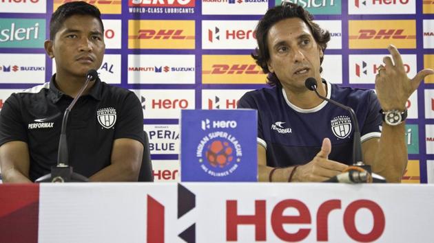 NorthEast United FC coach Joao Carlos de Deus (R) addresses the media ahead of their ISL 2017-18 match against Jamshedpur FC. (AP) NorthEast United FC coach Joao Carlos de Deus (R) addresses the media ahead of their ISL 2017-18 match against Jamshedpur FC. (AP)
