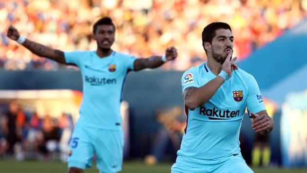 Barcelona’s Luis Suarez celebrates after scoring against Leganes in their La Liga match at Butarque Municipal Stadium on Saturday. (REUTERS) Barcelona’s Luis Suarez celebrates after scoring against Leganes in their La Liga match at Butarque Municipal Stadium on Saturday. (REUTERS)