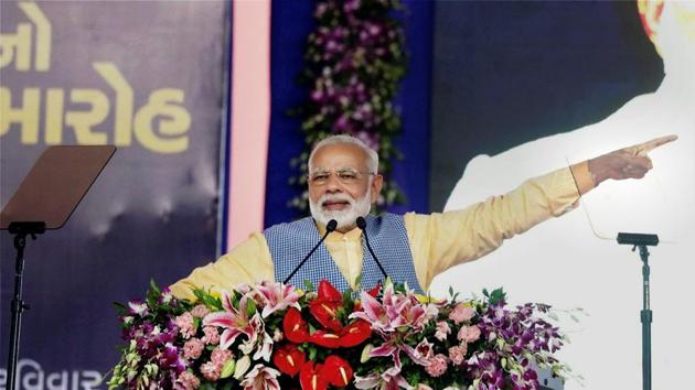 Prime Minister Narendra Modi addresses a public meeting in Ghogha, Bhavnagar, Gujarat. (PTI Photo) Prime Minister Narendra Modi addresses a public meeting in Ghogha, Bhavnagar, Gujarat. (PTI Photo)