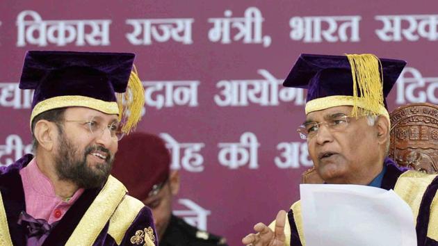 President Ram Nath Kovind interacts with HRD minister Prakash Javedkar during the 94th annual convocation of the University of Delhi at New Delhi on Saturday. (PTI) President Ram Nath Kovind interacts with HRD minister Prakash Javedkar during the 94th annual convocation of the University of Delhi at New Delhi on Saturday. (PTI)