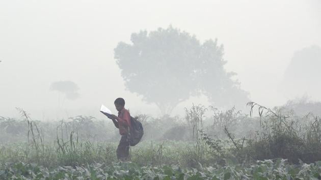 A child crosses a grassy patch while reading a book as dense smog impairs visibility at Akshardham in New Delhi on November 13, 2017. (Ravi Choudhary / HT Photo) A child crosses a grassy patch while reading a book as dense smog impairs visibility at Akshardham in New Delhi on November 13, 2017. (Ravi Choudhary / HT Photo)