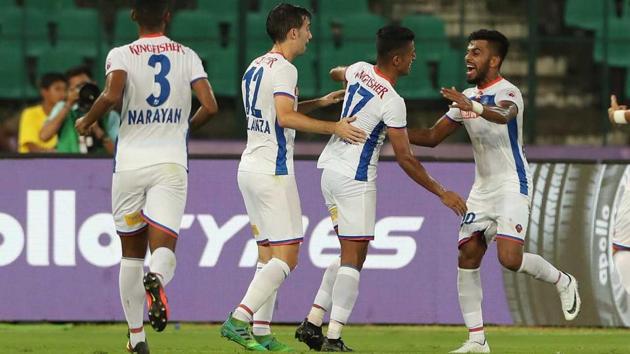 Mandar Rao Dessai of FC Goa (right) celebrates after scoring his team’s third goal against Chennaiyin FC in their Indian Super League match at the Jawaharlal Nehru Stadium in Chennai on Sunday. FC Goa ran out 3-2 winners. (ISL) Mandar Rao Dessai of FC Goa (right) celebrates after scoring his team’s third goal against Chennaiyin FC in their Indian Super League match at the Jawaharlal Nehru Stadium in Chennai on Sunday. FC Goa ran out 3-2 winners. (ISL)