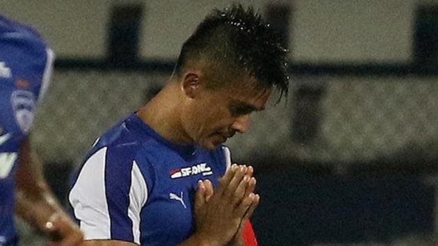 Bengaluru FC captain Sunil Chhetri celebrates after scoring against Mumbai City FC in an Indian Super League match. (ISL / SPORTZPICS)