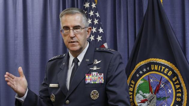 Air Force Gen. John Hyten, the incoming commander of the United States Strategic Command, speaks to reporters following a change of command ceremony at Offutt Air Force Base in Bellevue. (AP File Photo) Air Force Gen. John Hyten, the incoming commander of the United States Strategic Command, speaks to reporters following a change of command ceremony at Offutt Air Force Base in Bellevue. (AP File Photo)