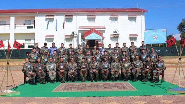 Officers of the Indian and Myanmarese armies during the start of the joint military exercise in Meghalaya on Monday. (HT Photo) Officers of the Indian and Myanmarese armies during the start of the joint military exercise in Meghalaya on Monday. (HT Photo)