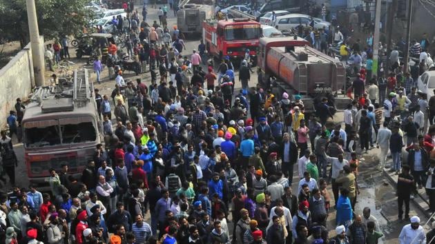 A plastic manufacturing factory caught fire around 6:30 am on Monday and collapsed around 12:30 pm. (Gurpreet Singh/HT)