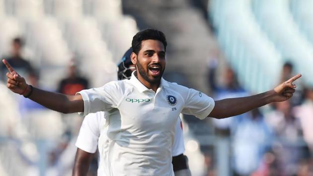 Indian cricket team's Bhuvneshwar Kumar celebrates the wicket of Sri Lanka cricket team's Lahiru Thirimanne during the final day of the first Test at the Eden Gardens in Kolkata on Monday. Bhuvi was adjudged the man of the match after he took eight Sri Lankan wickets in the match. (AFP) Indian cricket team's Bhuvneshwar Kumar celebrates the wicket of Sri Lanka cricket team's Lahiru Thirimanne during the final day of the first Test at the Eden Gardens in Kolkata on Monday. Bhuvi was adjudged the man of the match after he took eight Sri Lankan wickets in the match. (AFP)