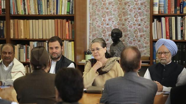 Congress party president Sonia Gandhi (C) presides over the Congress Working Committee meeting with party vice-president Rahul Gandhi and former prime minister Manmohan Singh, in New Delhi, on Monday. (AP) Congress party president Sonia Gandhi (C) presides over the Congress Working Committee meeting with party vice-president Rahul Gandhi and former prime minister Manmohan Singh, in New Delhi, on Monday. (AP)